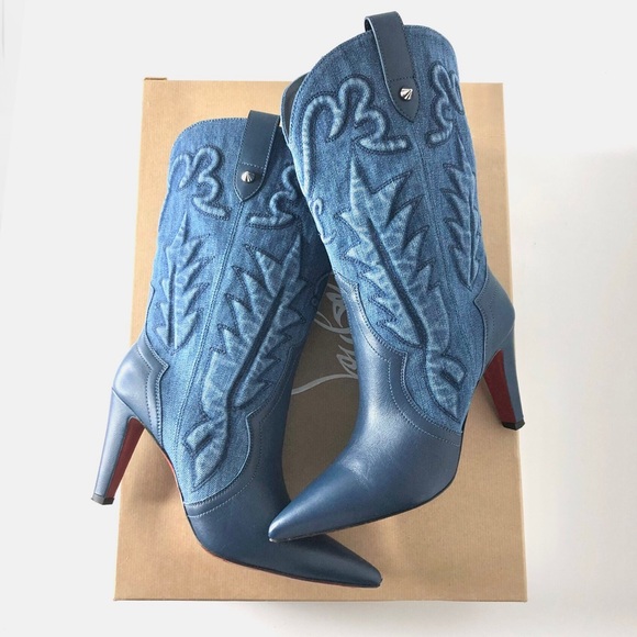 Christian Louboutin Shoes - Christian Louboutin Santiabooty 85 Denim Embroidered Western Style Boots 38